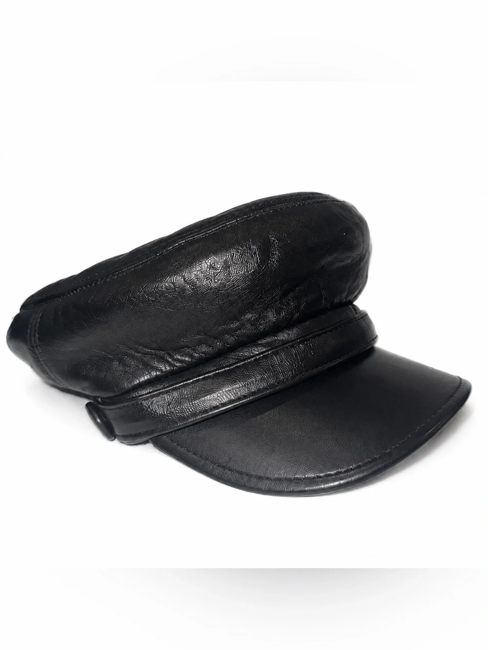Black Leather Cap with Structured Visor